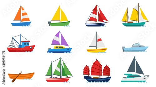 Принти на полотні Set of colorful cartoon style boats and sailboats for marine design