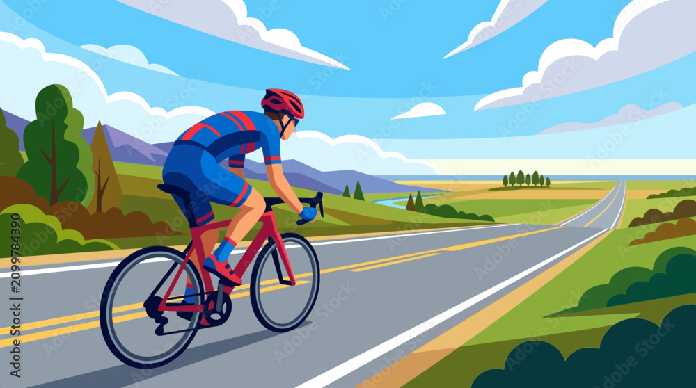 Fototapeta premium A professional cyclist riding a bicycle on a scenic asphalt road through the countryside.