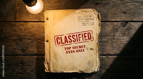 Vintage folder with classified top secret stamp on a rustic wooden table under a dim light bulb