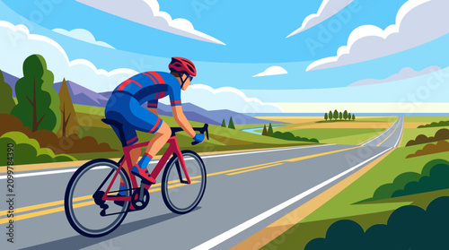 A professional cyclist riding a bicycle on a scenic asphalt road through the countryside.