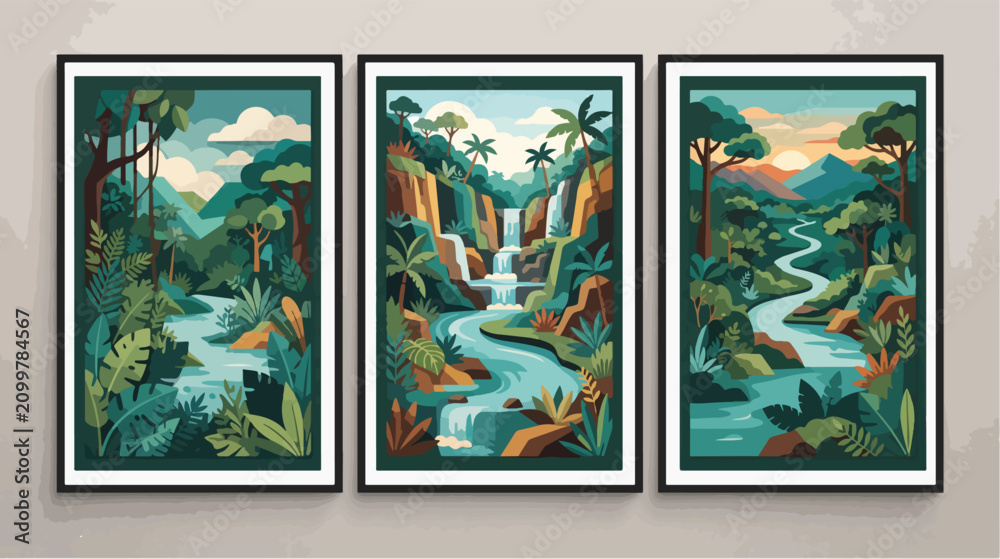 Obraz premium Three framed vector wall art panels showcasing vibrant tropical jungle landscapes with flowing rivers and majestic waterfalls in flat style