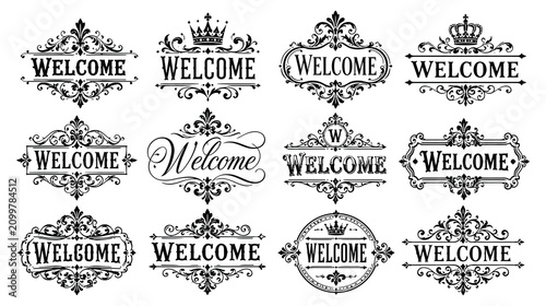 Vintage welcome banners set featuring ornate royal frames with crowns and filigree detail.