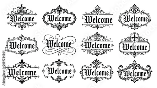 Photos Classic welcome badges with gothic typography and symmetrical victorian filigree accents