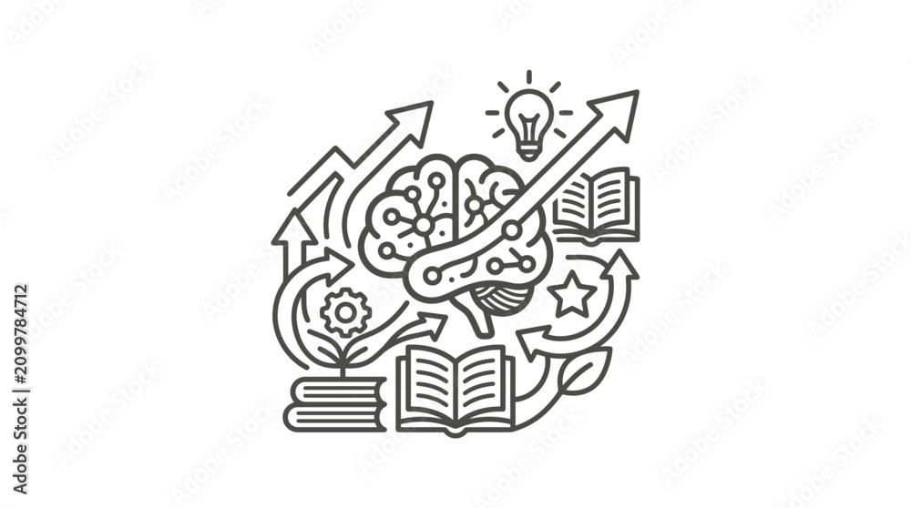 Obraz premium Creative Black and White Line Art Featuring Innovation Learning and Growth Symbols with high quality professional line art symbols for modern creative design and digital branding projects