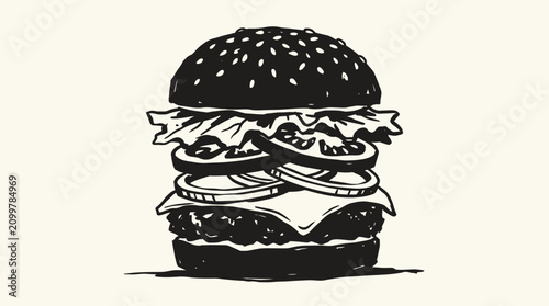 Cuadro en lienzo A black and white illustration of a hamburger.