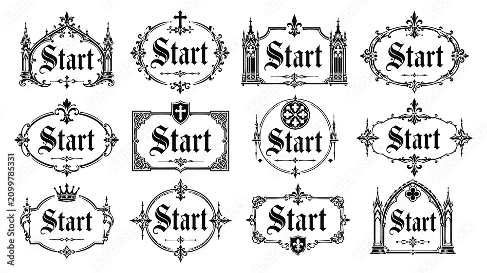 Fototapeta premium Gothic style start label collection featuring ornate black decorative borders and frames.