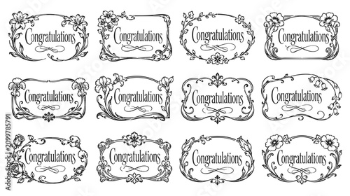 Congratulations floral frames set isolated on white background art nouveau elements.