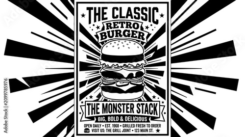 Foto Retro styled burger advertisement with sunglasses.