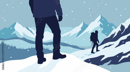 Принти на полотні Two hikers on a challenging winter ascent in a snowy mountain landscape