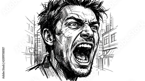 Canvas Print Man Screaming in Urban Environment, Sketch Style