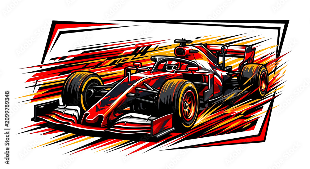 Obraz premium Dynamic vector illustration of a red and black Formula 1 racing car speeding forward with energetic motion lines on a white background.