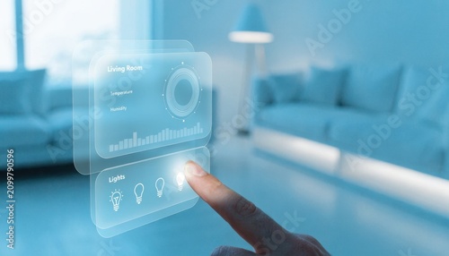 A finger interacts with a floating holographic interface controlling smart home lights and room