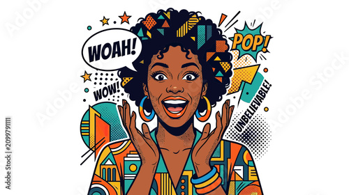 Fotografi Excited Woman Reacts with Pop Art Style