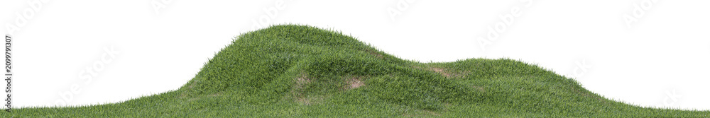 Obraz premium Lush green rolling hills cover isolated on transparent background, fresh grassy slope terrain element for landscape architecture design composition, Png and 3d Rendering