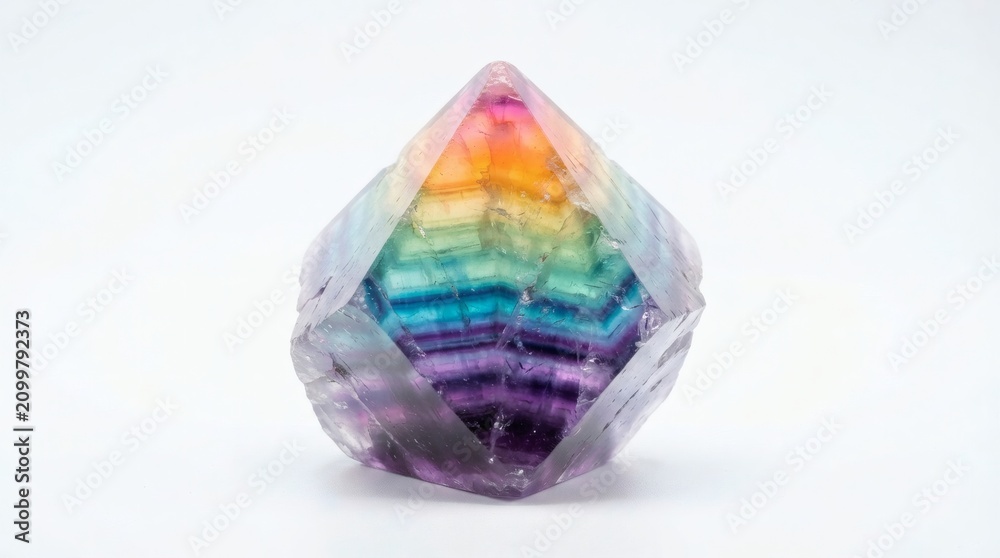 Obraz premium Stunning Polished Fluorite Crystal Point Featuring Vibrant Rainbow Color Banding and Natural Geometric Mineral Structure on a Crisp White Background