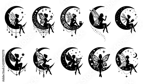 Fantasy Fairy Moon Silhouette Collection EPS Vector