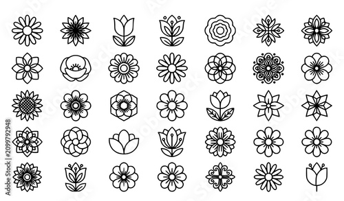 Tableau sur toile Vintage Monochrome Floral Outline Icons Collection with Editable Stroke Retro Fl