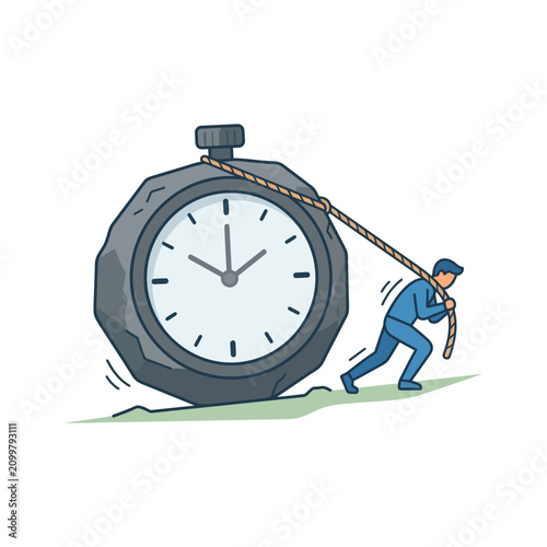 Man pulling a large stopwatch with effort.