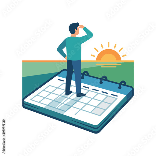 Man looking ahead at calendar page.