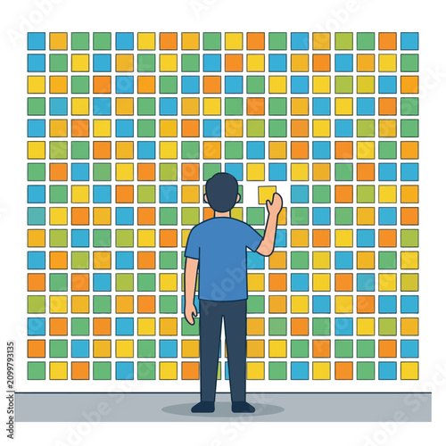 Man painting colorful wall with brush.