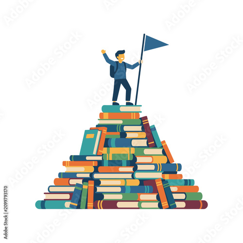 Man standing on pile of books with flag.