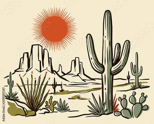 Photos Desert landscape, saguaro cactus illustration, vintage western art, Arizona dese