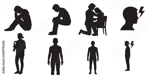 Set of black silhouettes showing people experiencing various health issues, discomfort, and emotional distress in daily life.
