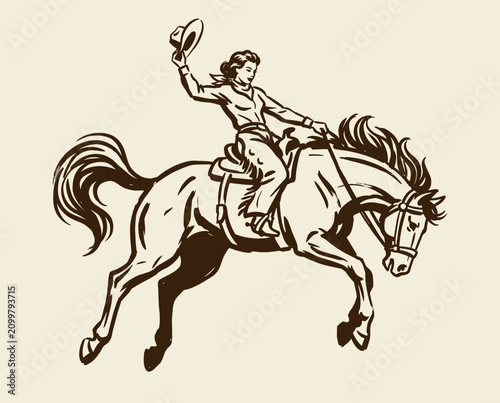 Bild auf Leinwand Cowgirl vintage western rodeo print, bucking bronco artwork, retro wild west app