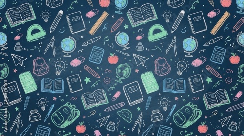 Whimsical seamless pattern of school doodles in chalk Colorful doodle education elements
