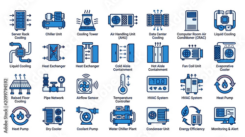 HVAC and Cooling System Icons Set - Air Conditioning, Data Center, Server Rack Cooling