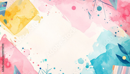 Soft watercolor background in pink, yellow and blue with paint splashes and large copy space