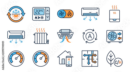 HVAC Icons: Climate Control, Heating, Cooling, Thermostat, Air Conditioner