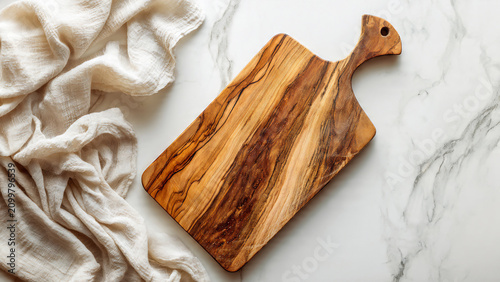Wooden cutting board and crumpled linen fabric on a marble surface, top view, suitable for food blogs, restaurant marketing and home decor inspiration
