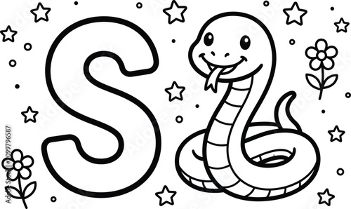 Alphabet coloring page for children featuring letter s and a cute snake drawing with stars and flowers.