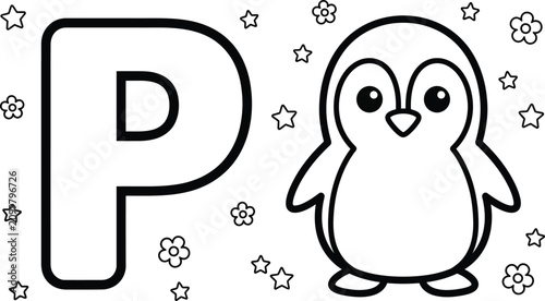 Letter p alphabet coloring page for preschool kids featuring cute penguin bird and floral stars.