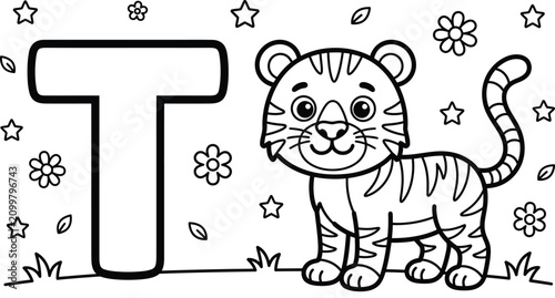 Letter t alphabet coloring page for preschool kids featuring cute tiger animal and floral stars.