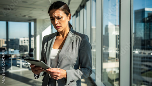 Worried businesswoman looking at tablet screen in modern office, sunlight glare, ideal for business stress, corporate communication and technology frustration