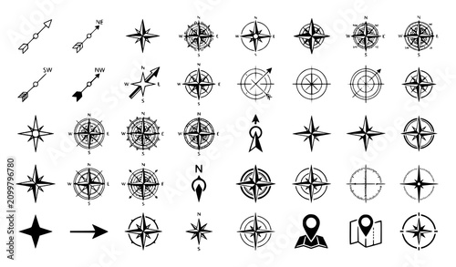 Navigation Compass Rose and North Arrow Vector Icon Collection