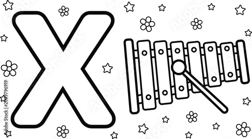Letter x coloring page for children with xylophone instrument and decorative elements of flowers.