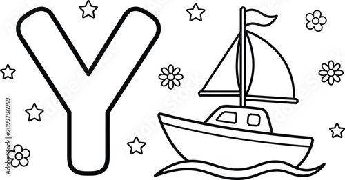 Letter y alphabet coloring page for preschool kids featuring cute sailboat and floral stars design.