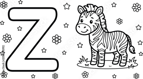 Letter z alphabet coloring page for preschool kids featuring cute zebra animal and floral stars.