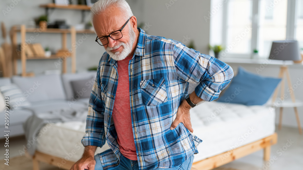 Obraz premium Elderly man with back pain in bedroom after bad sleep, holding waist in discomfort