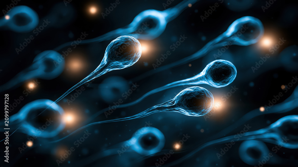 Naklejka premium Sperm cell microscopic view blue fluid cell swim fertility biology human reproduction medical science dark background microscopic view of sperm