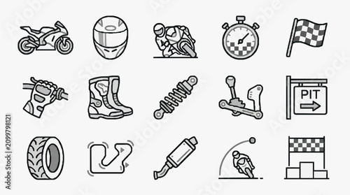 Fotografía Elegant Monochrome Icons Set Featuring Motorcycle Racing Elements Gear and Track