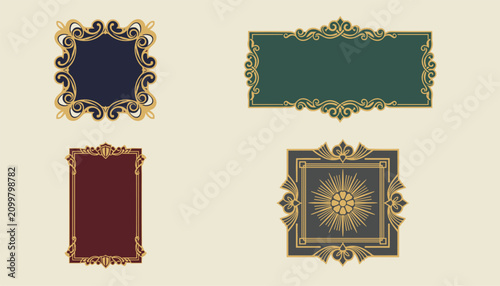 Set of four ornate vintage frames in deep jewel tones featuring intricate gold baroque and art deco borders.