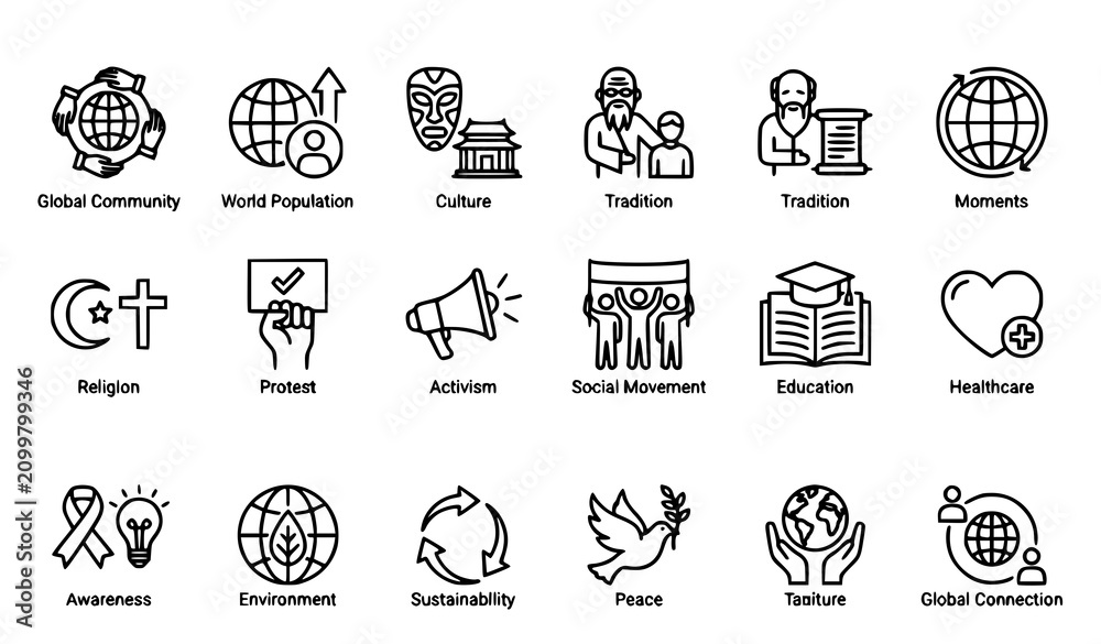 Fototapeta premium Global Society Editable Line Icon Set Vector For Culture And Activism