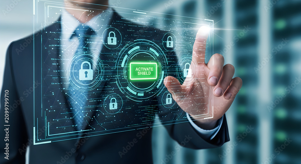 Obraz premium Professional businessman touching a digital screen to activate security shield for protecting sensitive corporate data information