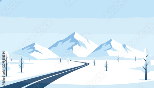 Snowy winter landscape with a curving asphalt road leading towards spectacular snow-covered mountain peaks under a clear sky.