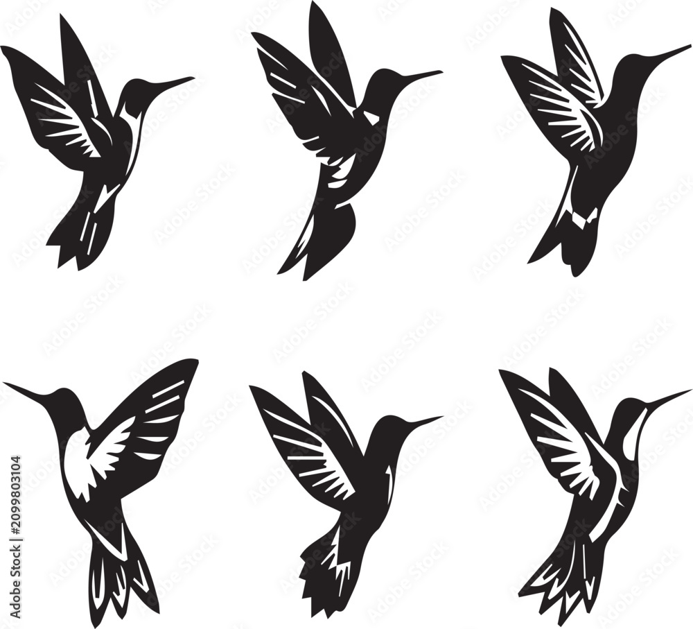 Obraz premium Collection of Six Elegant Hummingbird Silhouettes in Flight for Nature and Wildlife Graphic Design Projects. 