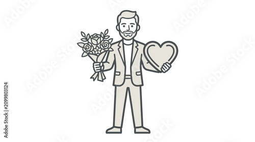 Bild auf Leinwand Creative Black and White Line Drawing of a Man Holding a Bouquet of Roses and a